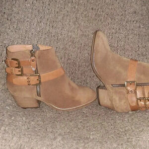DUNE LONDON-Brown Suede-PRIMER-Strappy Stacked Wood Heel Booties-Sz 37-Excellent